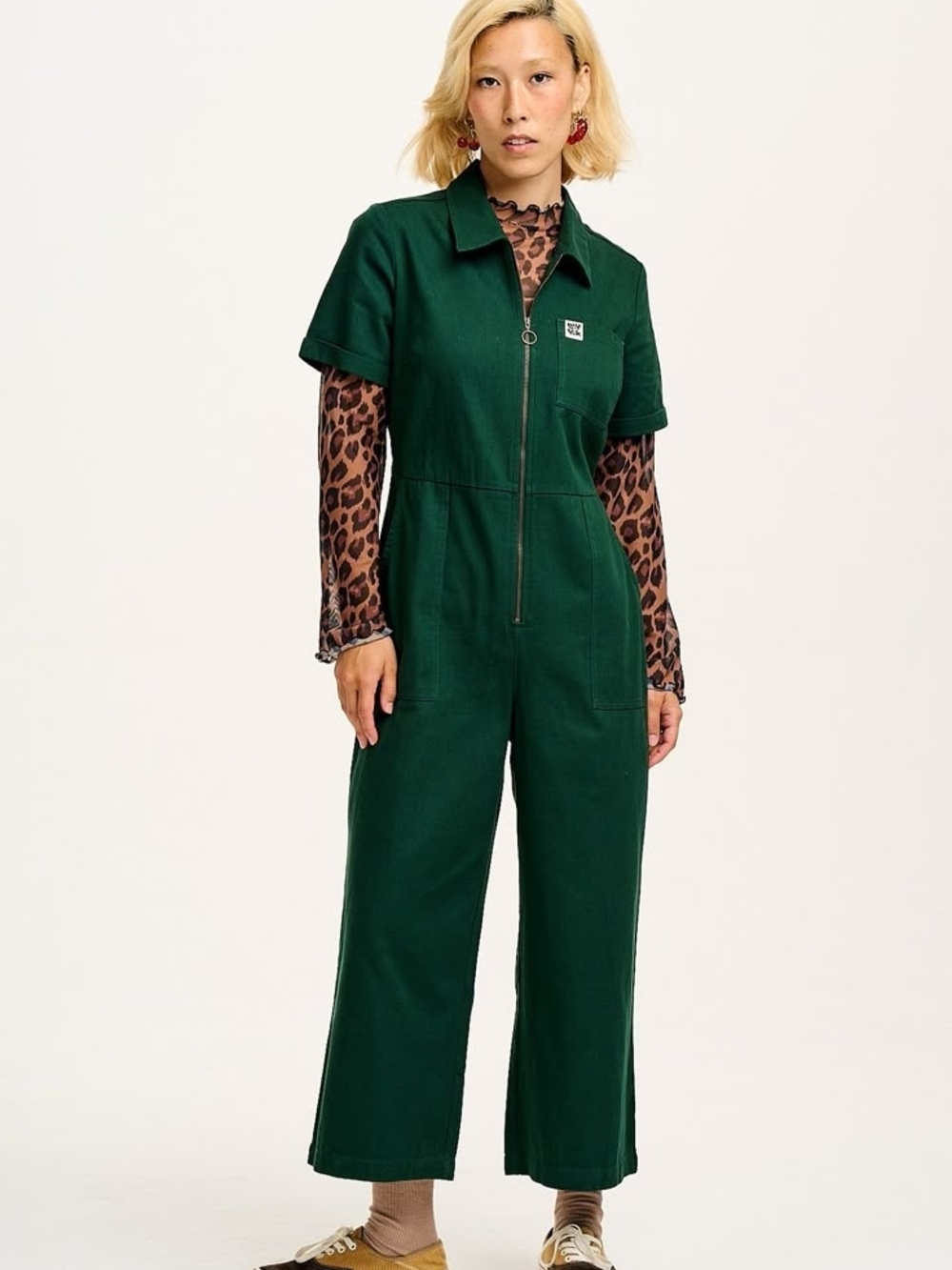 US26 Lucy & Yak Ragan short-sleeve cropped zip-up jumpsuit green Posy